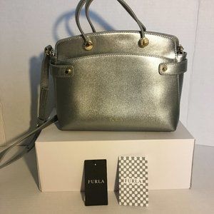 FURLA Leather handbag, silver crossbody NEW
